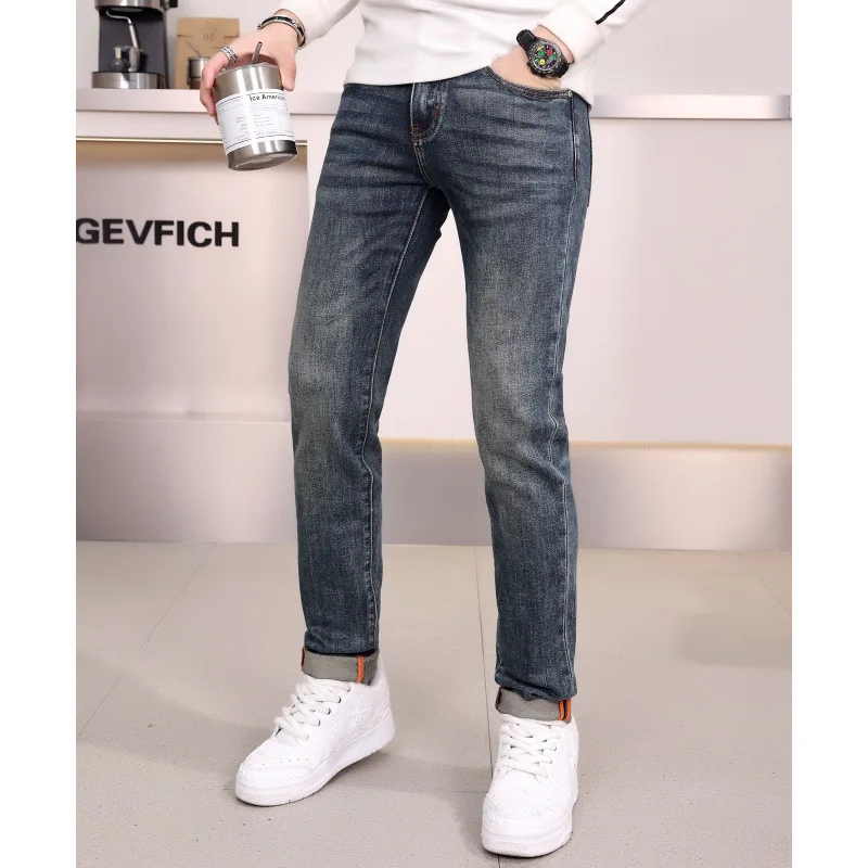 Back pocket embroidered printed jeans men's light luxury High-End2024New autumn and winter slim fit skinny pants