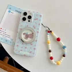 Ins Blue Check Bowknot Cherry Fundas For Iphone 15Pro 14 15 14Pro 13 12 Pro Max Magnetic Stand Holder Cute Pupppy Phone Case