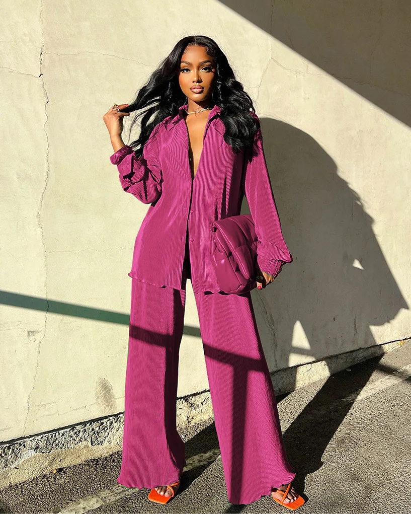 Pleated Solid Women Set Long Sleeve Shirts and Straight Wide Leg Pants Suits Tracksuit Two Piece Set Fitness Outfits
