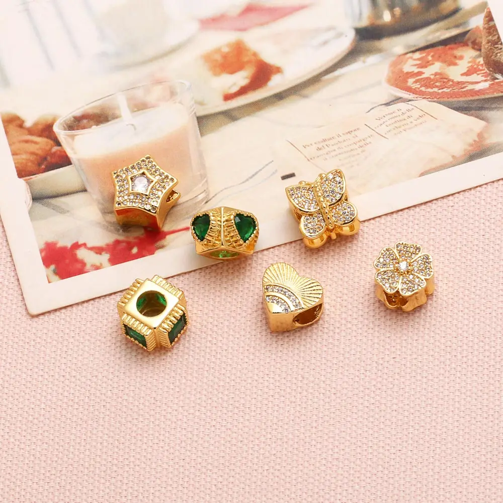 OCESRIO Green Crystal Rectangle Heart Charms for Bracelet Copper Gold Plated CZ Butterfly Star accesorios de joyería chma287