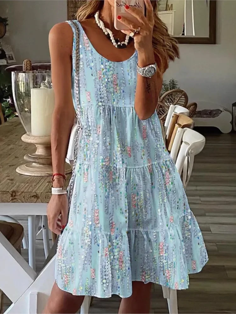 Nowa Letnia Sukienka Sundress Casual z Kwiatowym Nadrukiem Luźna Sukienka Bez Rękawów z Dekoltem O dla Kobiet Moda Boho Wakacyjna Sukienka Plażowa w Linii A