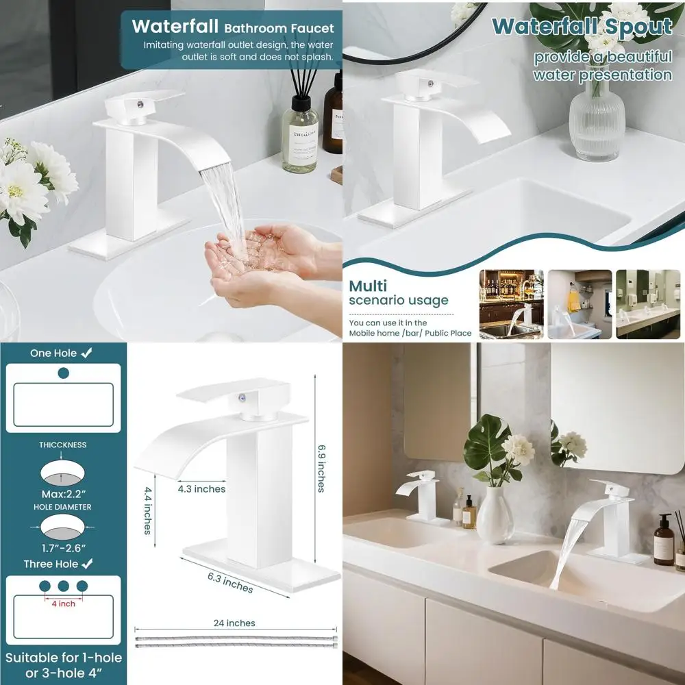 

Modern White Waterfall Single Handle Faucet for Bathroom Sink, 1 or 3 Hole Mixer Tap with Pop-up Drain and Hoses