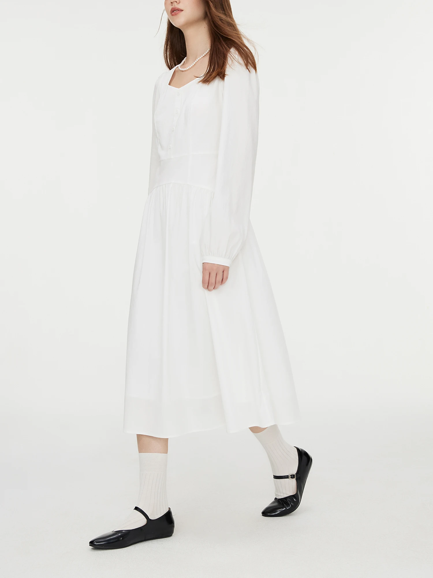 FSLE-Robe blanche à manches longues pour femme, col carré, taille haute, en coton, couleur unie, automne 2024, 24FS13116