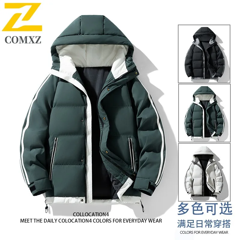 COMXZ 2025 Autumn Winter Plus Size Mens Two Stripe Cotton Jacket M 8XL Hooded Thick Puffer Coat Casual outdoor sports Outwear