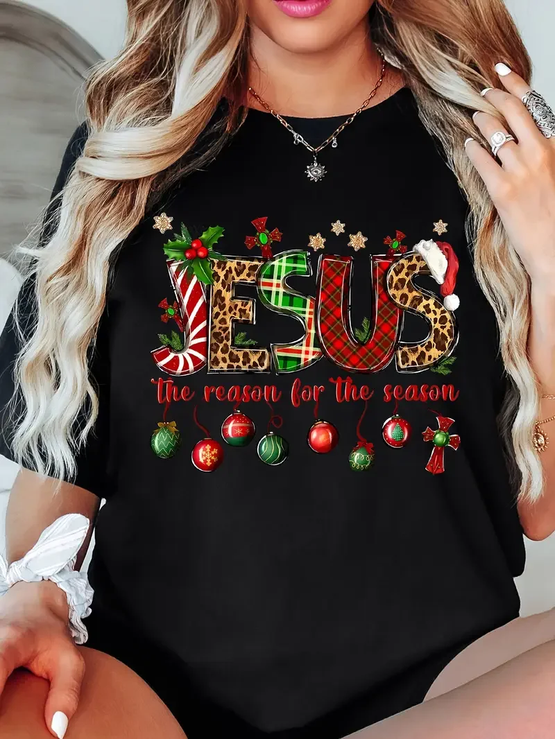 

Ladies Christmas Jesus letter T-shirt 3D print fashion casual round neck holiday party short sleeved oversized women's clothing
