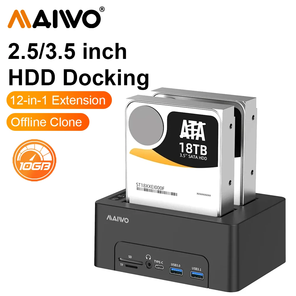 

MAIWO Hard Drive Docking Station SATA to USB3.0 Dual Bay Adapter USB HUB with SD/TF for 2.5/3.5" SSD HDD Offline Clone Enclosure