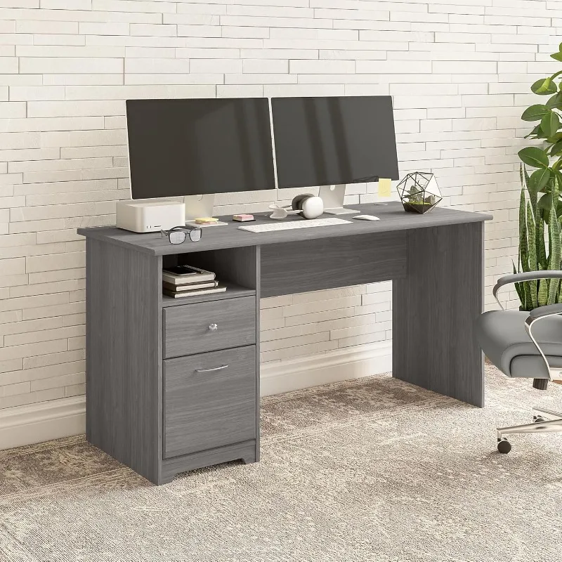 computer desk with drawers in modern gray, workstation and file storage, desktop with organization solutions for the home office