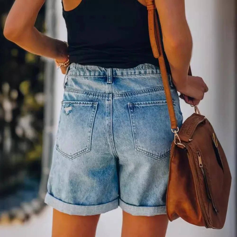 Short en jean déchiré pour femme, pantalon droit, style de rue, vêtements pour femmes, mode 2024