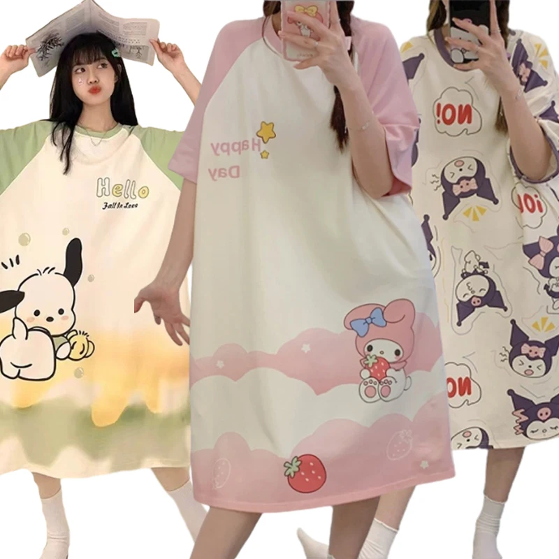 Kawaii Sanrios Women Nightgown Hello Kitty Kuromi My Meloody Cinnamoroll Girls Loose Soft Summer Short-sleeved Pajamas Homewear