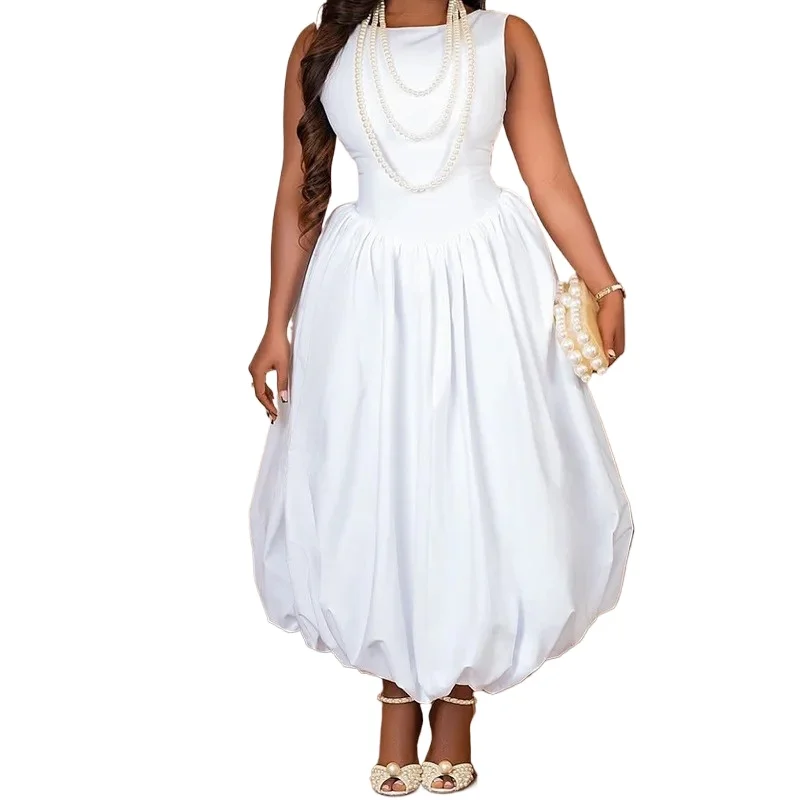 

Spring Autumn Elegant African Sleeveless Polyester O-neck Party Evening White Long Dress Dashiki African Dresses for Women 2025