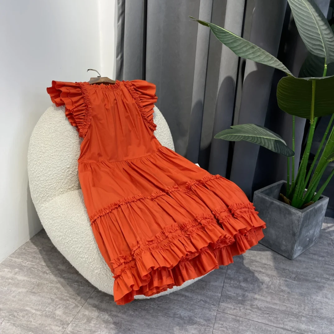 2022 Summer New Ruffles Loose Dresses for Women Hot Sale Orange Violet Poplin Cotton Dress