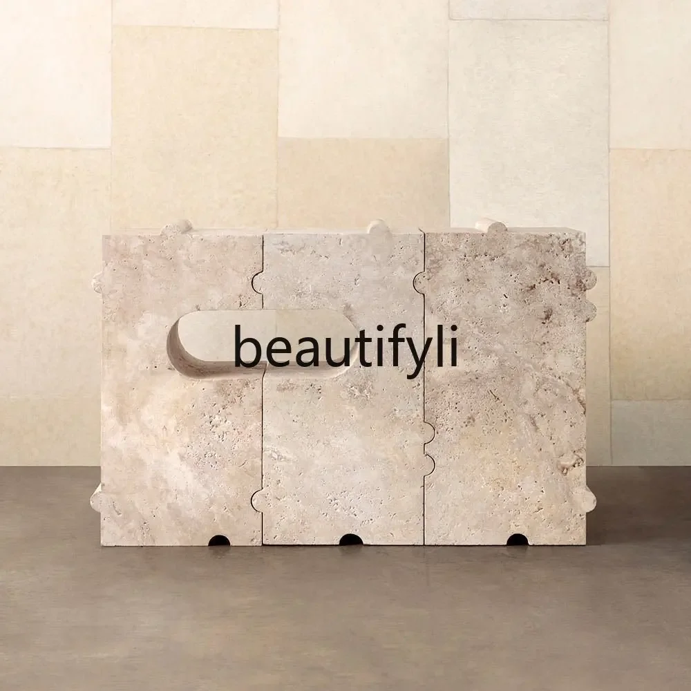 

A15 Natural travertine entrance table light luxury model room modern simple creative marble entrance table Nordic