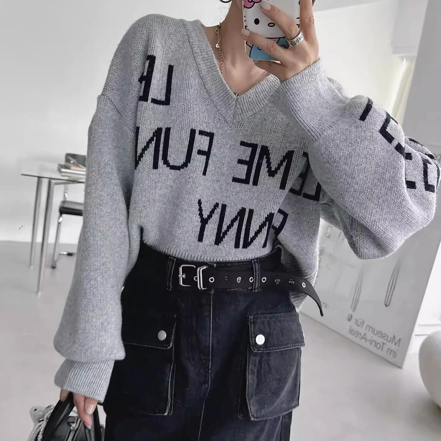 

Trendy Color Blo Letter Knitted Sweater Women's Loose V-Ne Winter Warm Top Faionable Versatile Long Sve Crew Ne