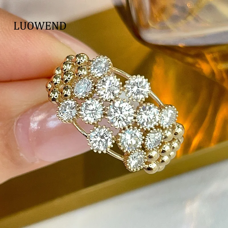 LUOWEND 100% 18K Yellow Gold Rings Luxury Elegant Style 1.38carat Real Natural Diamond Cocktail Ring for Women Fine Jewelry
