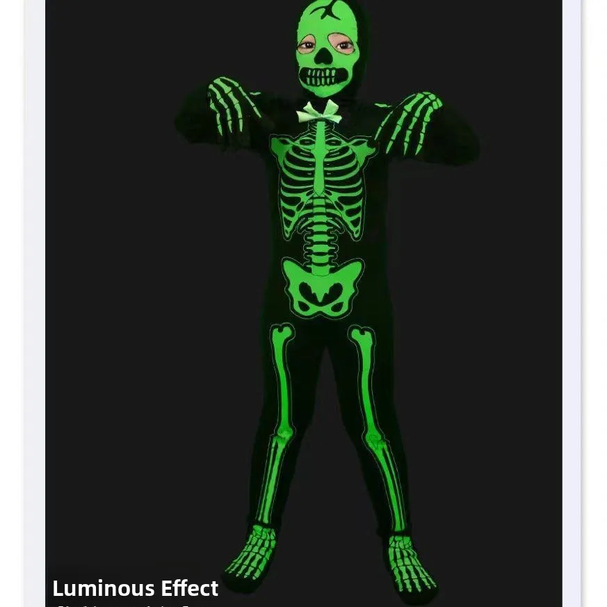 ชุดธีมโครงกระดูกสำหรับเด็ก ชุดแสดงเรืองแสงในเวลากลางคืน ชุดเต้นรำสำหรับเกมสยองขวัญ