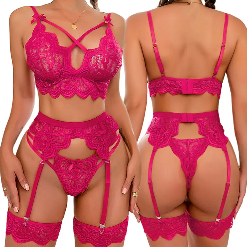 Sexy Lingerie Set Openwork Breast Design Women's Ultra-Sexy Bra And Panty Sets With Transparent Garter Underwear Lace Leg Ring