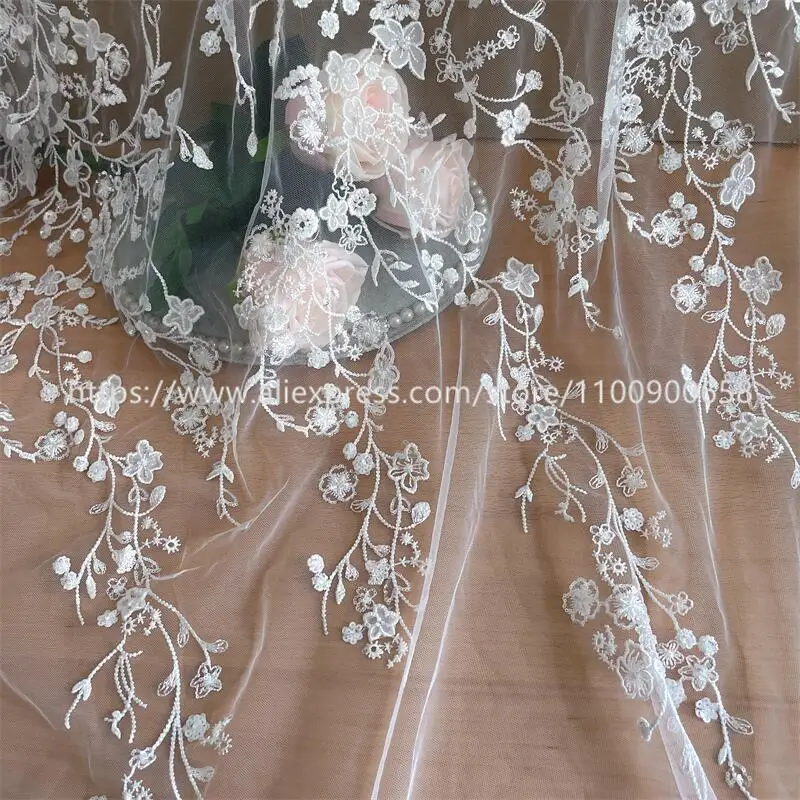 Off-White Embroidered Lace Fabric, 3D Beaded Sequins, Wedding Dress, Small Flower Applique, RS4020