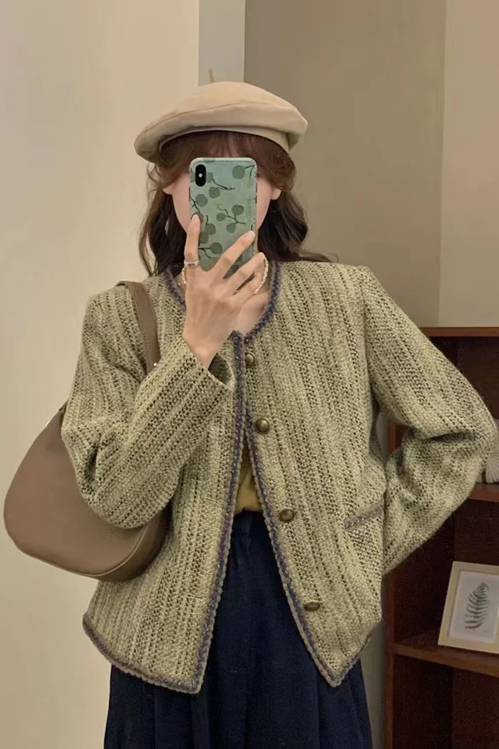 

2025 New Women's O-neck Tweed Jacket Green Cropped Designer Spring Autumn Blouse Latin Retro Chic Outerwear Coat Female Clothing