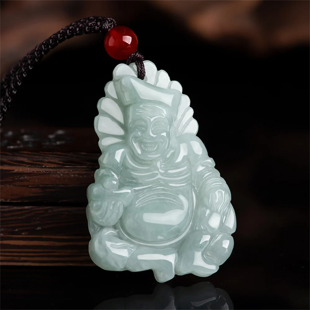 

Retro Natural Ice Green Jadeite Carved Charm God of Wealth Lucky Pendant Amulet Necklace Certificate Luxury Jade Vintage Jewelry