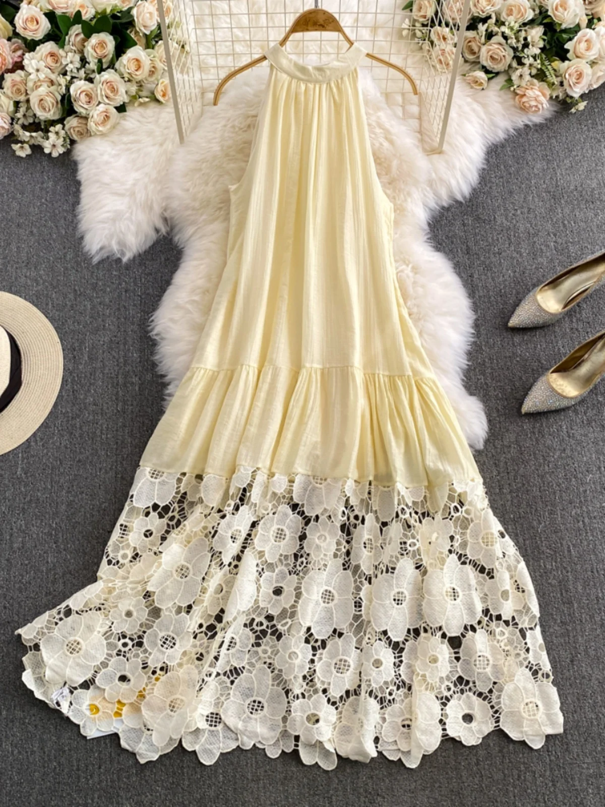 Vaion Sle Long Dr femmes haute Ne dentelle robe creuse douce jupe trapèze Version coréenne été Dr