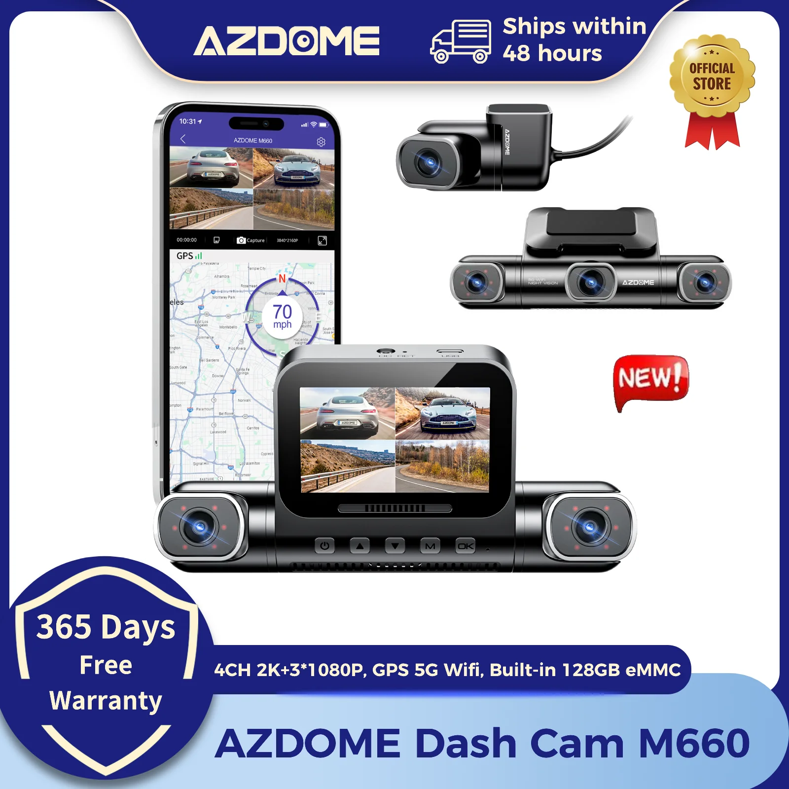 AZDOME Dash Cam M660 2K+3*1080P 4CH Car DVR GPS 5G Wifi Built-in 128GB eMMC Voice Control 24H Parking Monitor Super Night Vision