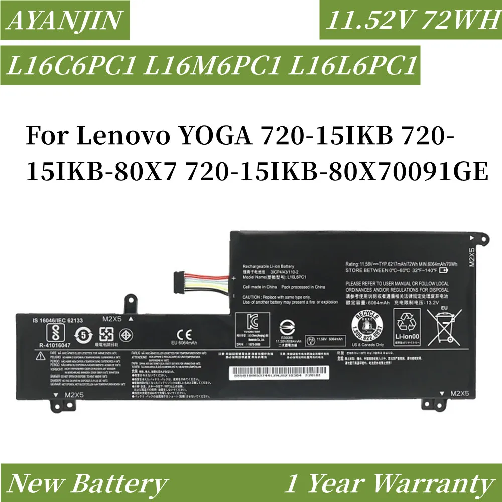 

L16C6PC1 L16M6PC1 L16L6PC1 11.52V 72Wh Laptop Battery For Lenovo YOGA 720-15IKB 720-15IKB-80X7 720-15IKB-80X70091GE