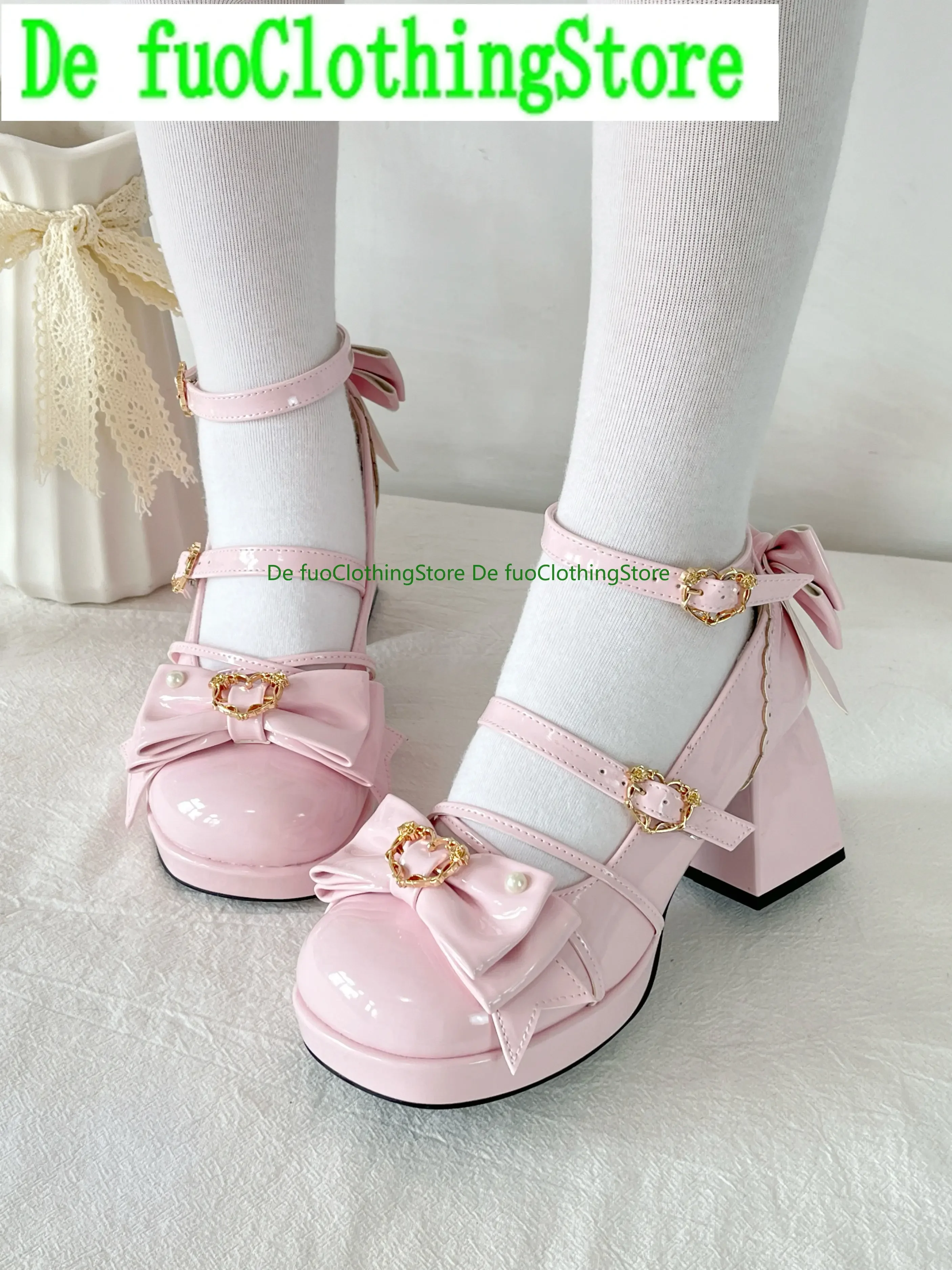 DefuoClothing Hoge Hakken Lente Dagelijks Japanse Zoete Meisje Dame Ronde Kop Boog Temperament Mary Jane Schoenen Damespumps