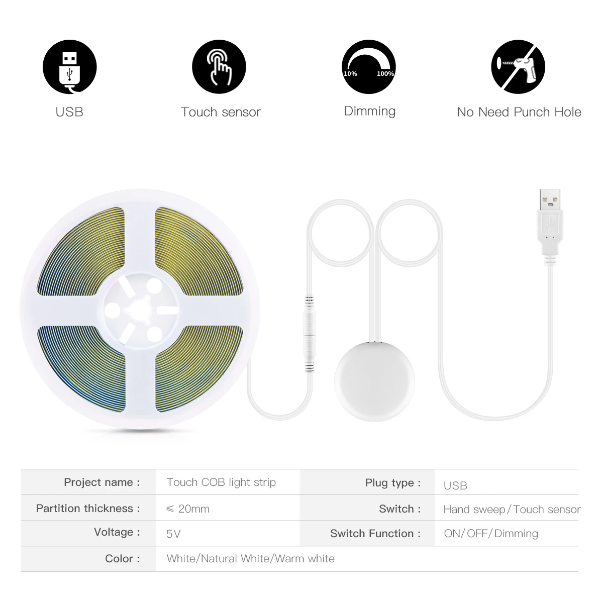 Penetrable 25mm Wood Panel Smart Touch Sensor Dimmable COB LED Strip USB 5V Hand Sweep Control Flexible LED Tape Lamp Lighting