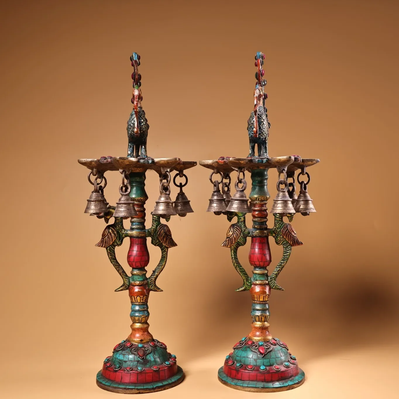 

17"Tibetan Temple Collection Old Bronze Outline in gold Mosaic Gem Turquoise Phoenix Lotus Wind Chime Candlestick Oil lamp