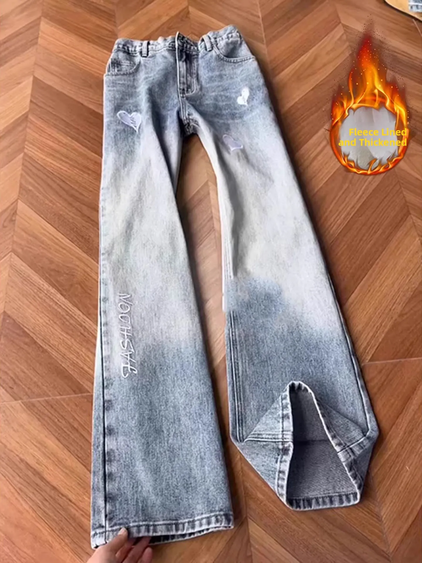 

Ледяные синие мужские джинсы на подкладке с вышивкой adient Love Heart, чистые, прямые, повседневные, удобные, молодежные, модные