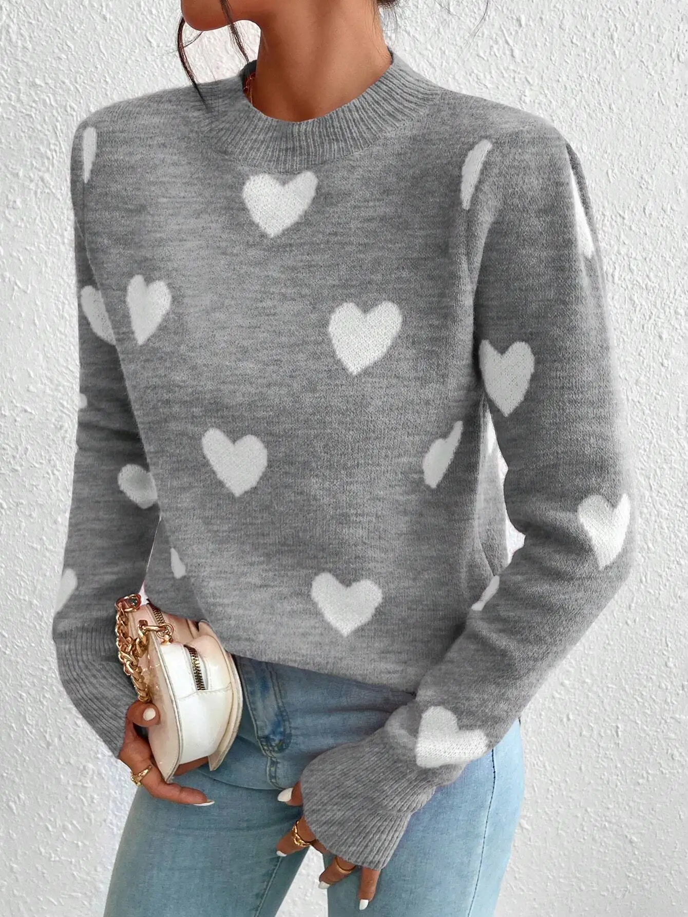 

Gray Heart Print Knit Pullover Sweater for Women, Casual Long Sleeve Crew Neck Top