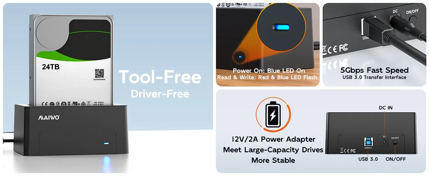 MAIWO SAS Festplatten-Dockingstation für 2,5/3,5 Zoll HDD SSD-Festplattengehäuse SATA auf USB 3.0 HDD-Dockingstation mit 12 V Netzteil – Detail 3