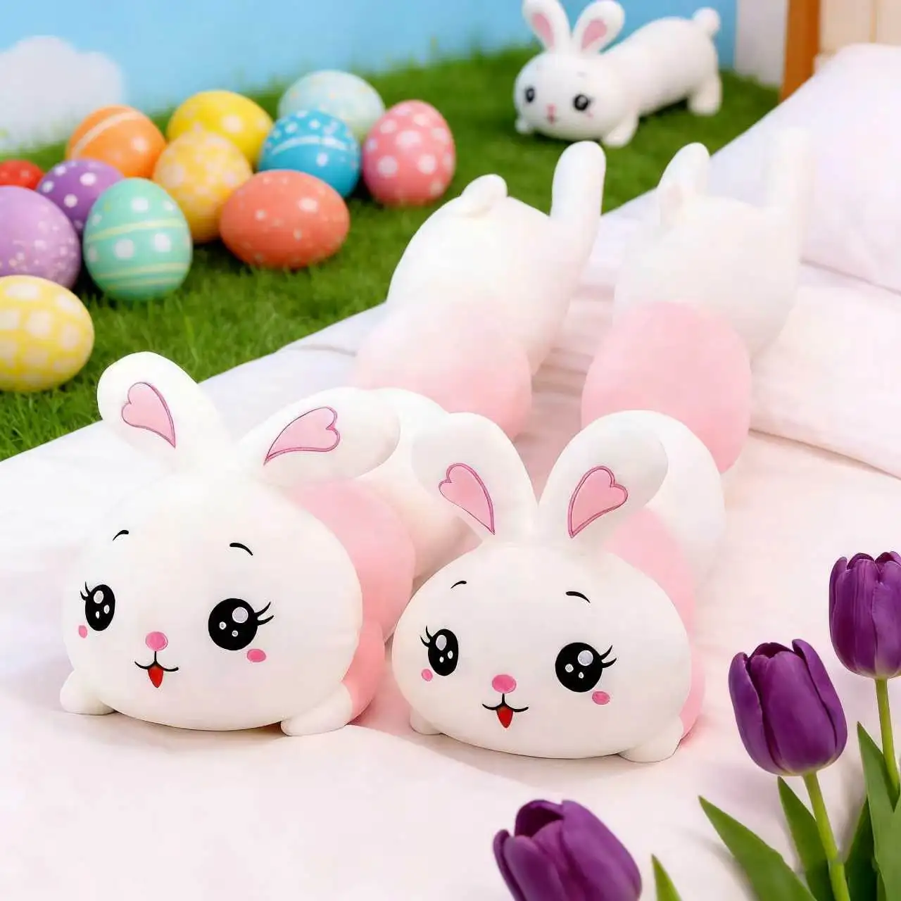 1PC Cute Bunny Plush Long Pillow 70cm 27.56in Soft Strip Rabbit Bolster Cushion Cartoon Stuffed Toy Gift for Girls Bedroom Decor