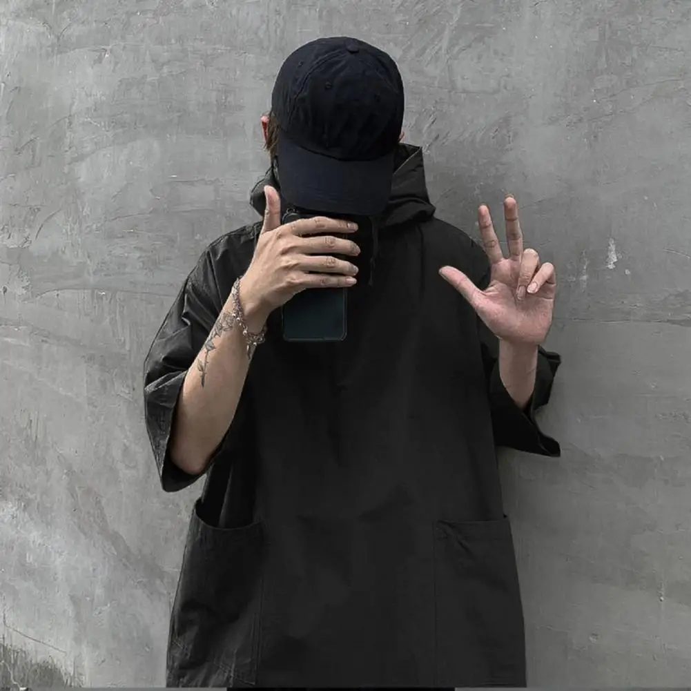 Attractive Hooded Jacket Polyester Pullover Jacket Solid Color Summer Men Pullover Jacket Streetwear  Dress-up