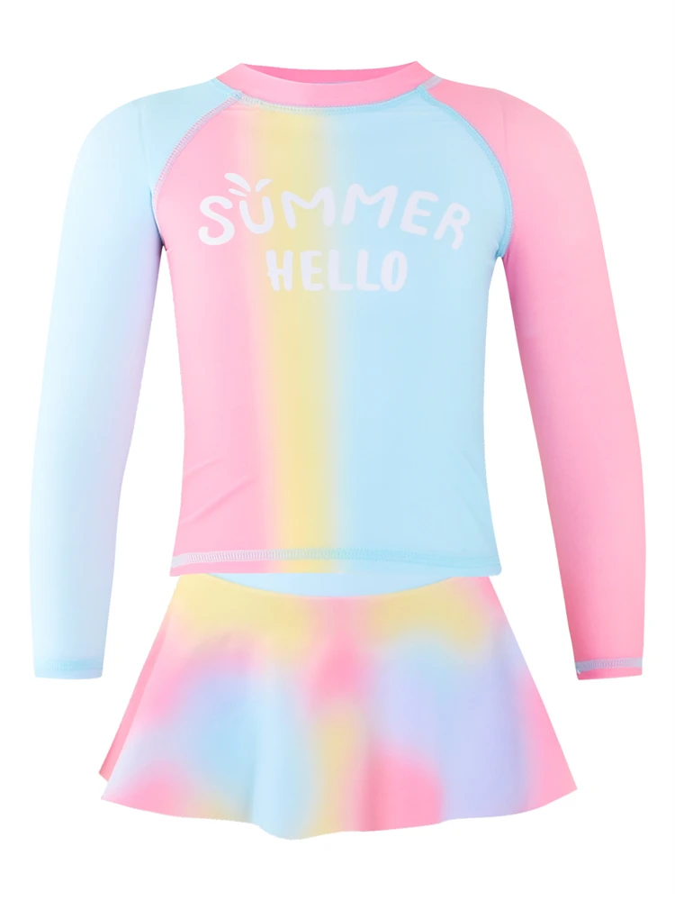 Two Piece Kids Girls Swimsuit 2024 New Gradient Long Sleeve Children Swimwear Summer Short Skirt Beachwear Bathing Suit Swimming