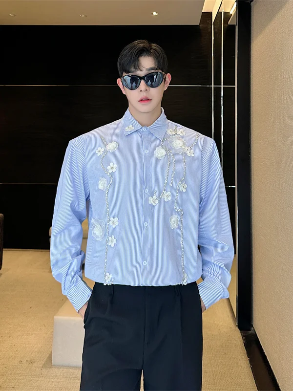 

Мужская рубашка с цветочной вышивкой ручной работы в новом китайском стиле, приталенная, с длинным рукавом, острым воротником, не требующая глажки, молодежная, модная, на все сезоны