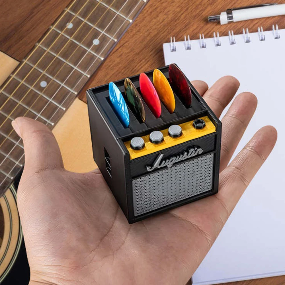 Portable Guitar Pick Holder for Bass Electric Acoustic Ukulele 3D Printed Amp Speaker Guitar Pick Holder Box With 5 Picks Slot