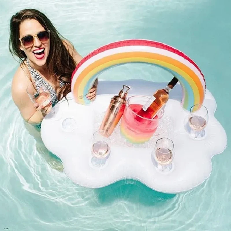 Summer Rainbow Inflatable Toys Beer Drinking Cooler Table Bar Tray Beach Swimming Pool Party Float Inflatable Ring Water Toy