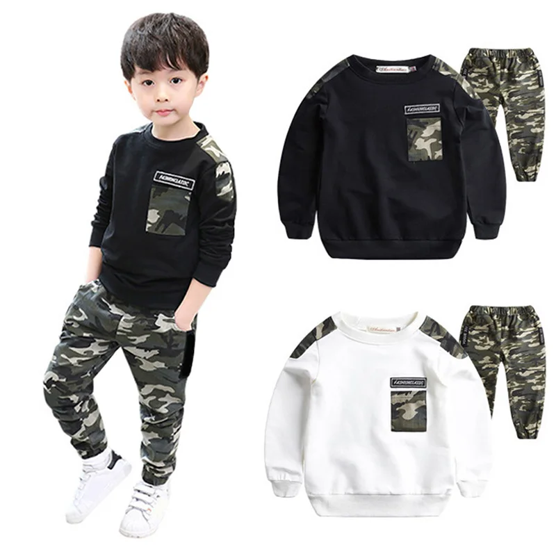 Autumn Kids Baby Boy Cotton Long Sleeve T-shirt Tops Trousers Outfits Set Camouflage Pattern Casual Clotjing Suit