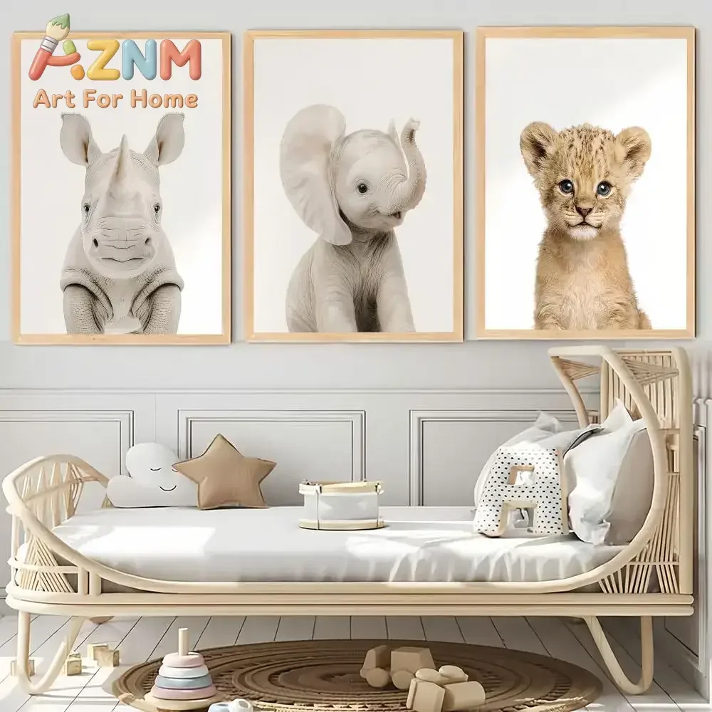 AZNM Cute Safari Baby Animals Canvas Painting Frameless Wall Art Rhino Elephant Lion Giraffe Zebra Cheetah Poster for Nursery De