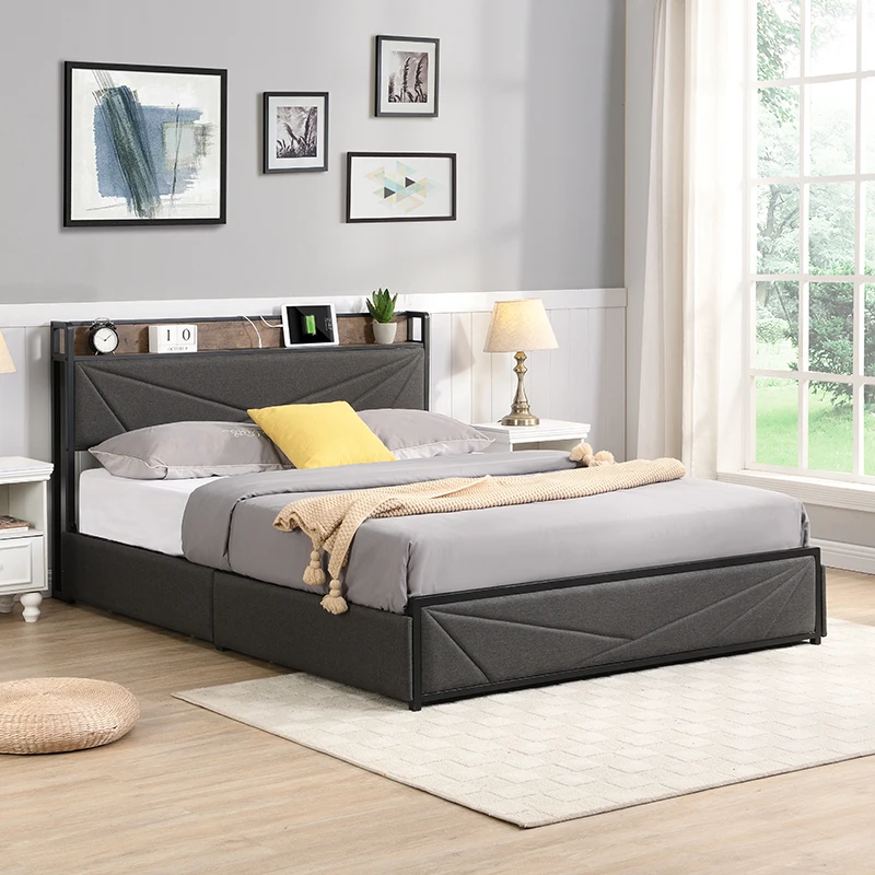 

Queen Bed Frame with Storage Headboard, Charging Station, Noise-Free, Easy Assembly 86.60x60.20x39 in.