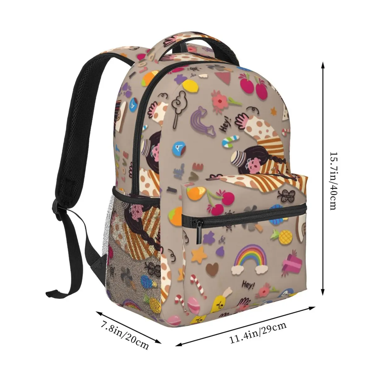 Manga Aesthetic Backpack Tossed Sticker Collage Playful Cartoon Multicolor Beige White Comic Bookbag for Teens College Travel
