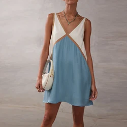 Combhasaki Women's Y2K Vintage Sleeveless V Neck Contrast Color Backless Summer Loose Fit Short Mini Tank Dress Streetwear
