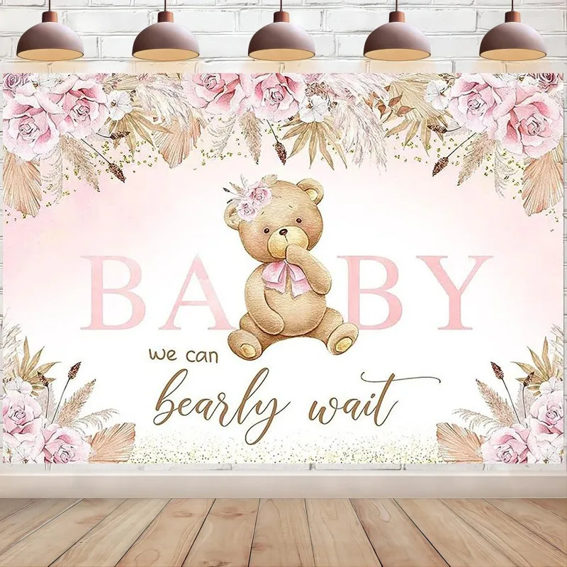 Boho Bear Baby Shower Backdrop, We Can Bearly Wait, Pink Floral Party Decorations, Bohemian Pampas, Enge Photography Background