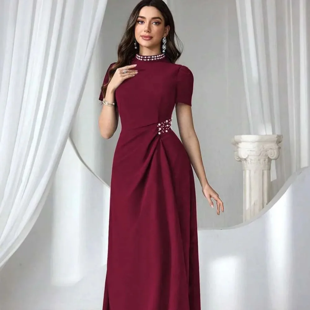 ที่กําหนดเองอย่างเป็นทางการไวน์แดงชุดแม่สายประดับด้วยลูกปัด Elegant แขนสั้นชุดราตรี vestido invitada boda