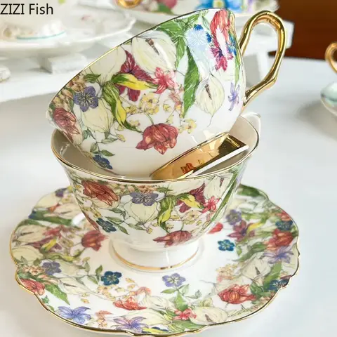 Brilliant Flowers Pattern Ceramic Cup&saucer Gold-plated Coffee Mug Dining Table Milk Mugs Afternoon Tea Teacup Fruits Juice Cup