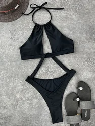 Sexy Tummy High Cut Out Female Swimwear One Piece Swimsuit Women Backless Monokini Bather Halter Bathing Suit Summer Beach Wear