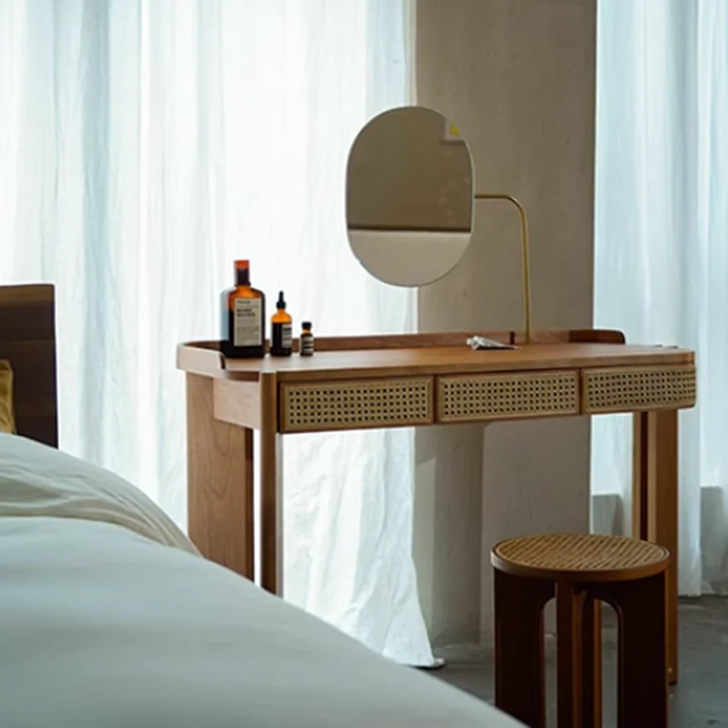 

Bedroom Rattan Vanity Tables Woman Brown Adult Unique Makeup Small Dressers Drawers Mirror Storage Penteadeira Luxury Furniture