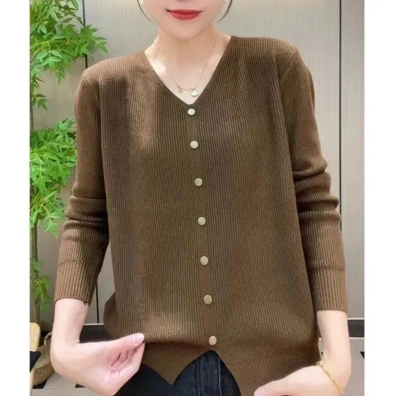 Spring Autumn Women's Clothing Solid Color Pullover Button Long Sleeve V-Neck Screw Thread Sweater Knitted Elegant Casual Tops