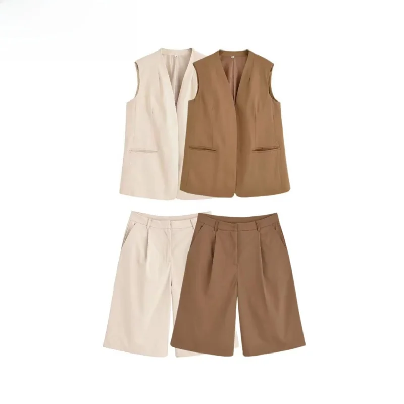 

ZBZR, новинка весны, модный женский жилет, майка с высокой талией, бермуды, комплект с v-образным вырезом, состоящий из двух предметов, простой универсальный крой